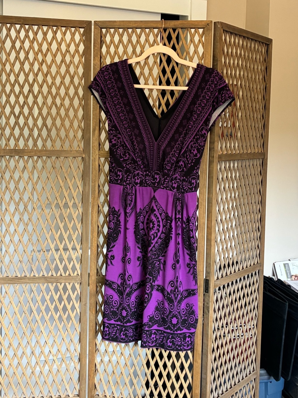 Beige by eci Purple and Black V‑Neck Paisley Fit‑Flare Mini Dress